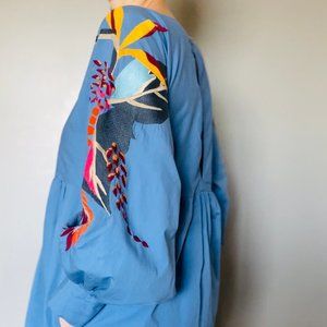 FREE PEOPLE ~ BLUE ~SUMMER DRESS ~ EMBROIDED SLEEVES ~ MINI OBSESSION